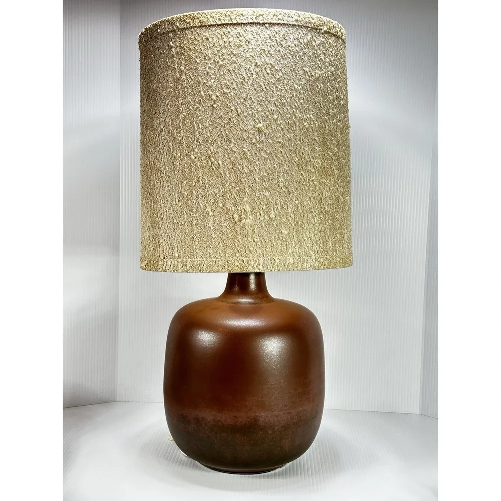 Vintage Bostlund‎ Rich Brown Glaze Pottery Table Lamp With Shade Mid Century Mod
